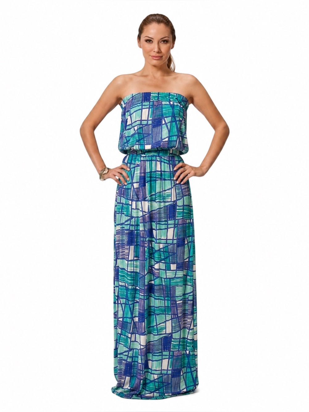 Tori Richard abstract Tube Top Strapless Stretch Blouson Maxi Dress Large